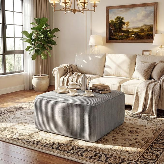 Christopher Knight Home Kyle Corduroy Woven Upholstery Square Ottoman, Living Room Sofa Ottoman with Wood Frame, Comfy Seating Experience with Dense Foam Padding, Non-Marking Foot Caps, Muted Green