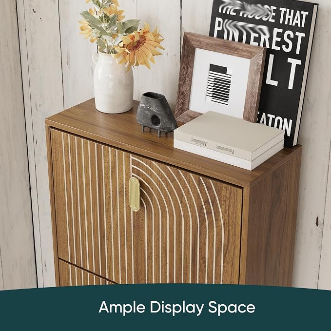 Shoe Storage Cabinet with 2 Flip Drawers, 23.6"(W) Freestanding Shoe Organizer with Metal Handles for Entryway, Narrow Shoe Rack Cabinet