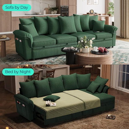 LINSY HOME Oversized Sectional Sleeper Sofa with Pull Out Couch Bed (Green, 110.5'') | USB Charging