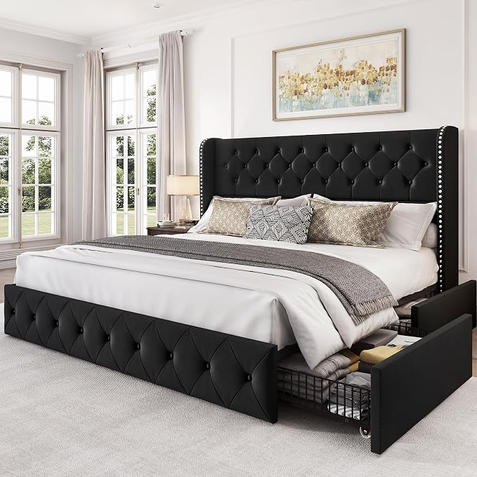 LARMACE King Size Bed Frame with 4 Storage Drawers and 47.2" Tall Tufted Headboard Velvet Upholstered Platform Bed Frame Wingback Beds with Wooden Slats Support, Easy Assembly, Black