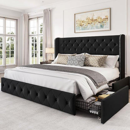 LARMACE King Size Bed Frame with 4 Storage Drawers and 47.2" Tall Tufted Headboard Velvet Upholstered Platform Bed Frame Wingback Beds with Wooden Slats Support, Easy Assembly, Black