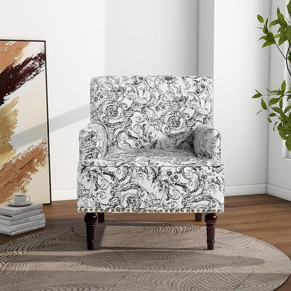 Accent Chair, Mid Century Modern Comfy Armchair for Living Room, Linen Fabric Single Sofa Lounge for Reading Bedroom Apartment Waiting Room with Wood Legs (Rococo Black, Set of 2)