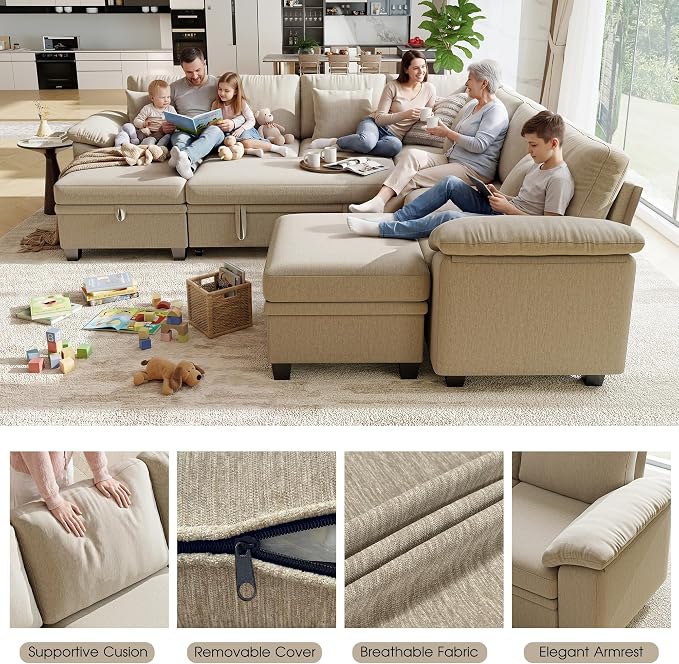 107.8" Oversized Modular Sectional Sofa with Pull Out Bed, 9 Seat U Shaped Sectional Sleeper Sofa with 291L Storage, Convertible Cloud Couch Bed, Sectional Couches for Living Room, Apartment (Sand)