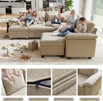 107.8" Oversized Modular Sectional Sofa with Pull Out Bed, 9 Seat U Shaped Sectional Sleeper Sofa with 291L Storage, Convertible Cloud Couch Bed, Sectional Couches for Living Room, Apartment (Sand)