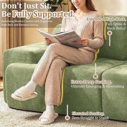 85" Oversized Boneless Couch, Comfort Cloud Sectional Couches for Living Room, Modular Sofa High Back & Extra Deep Seat, No Assembly, Soft Chenille Fabric (Olive Green, 85 inch- Shaped（2+2）)
