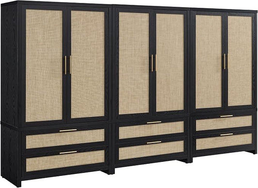 SICOTAS Armoire Wardrobe Closet, Larger Rattan Armoires Wardrobe Cabinet with 2 Large Drawers & Hanging Rod, Tall Closet Storage Cabinet for Cloak Room, Bedroom, Black Oak (3 Pieces)