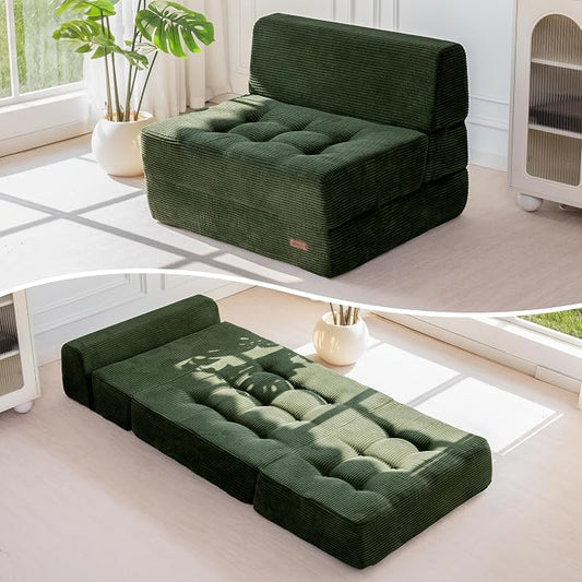 MAXYOYO 8" Folding Sofa Bed, Fold Out Chair Bed, Convertible Floor Sofa Couch, High-Density Foam Tufted Lounge Couch for Living Room Bedroom Dorm, Single, Dark Green