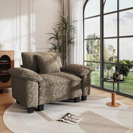 PHI VILLA Oversized Single Sofa with Deep Seat, Armchair for Small Spaces Bedroom Reading Modern, 1 Seater Comfy Reading Accent Chair, Chenille Grayish Brown