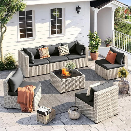 UDPATIO Outdoor Patio Furniture Set, 7 Pcs PE Wicker Sectional Sofa with Tea Table, Outdoor Conversation Set for Patio, Garden, Backyard (Black Cushions with Light Grey Rattan)