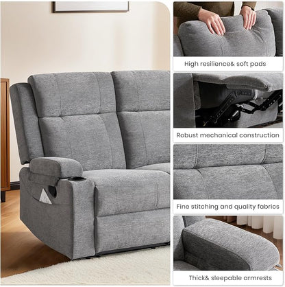 55" RV Loveseat Recliner – Space-Saving Double Reclining RV Sofa, Compact Theater Seating with Cup Holders & Storage Pocket, Grey Chenille Couch for Camper, Motorhome & Home Theater