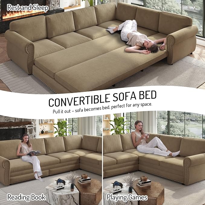 118" L-Shaped Sleeper Couch Bed - Oversize Convertible with Pull-Out Sofa Bed, Button Tufted Chesterfield Sofa, Chenille Sectional Vintage Couches for Living Room/Apartment(6-Seater, Camel) | Oversize Convertible