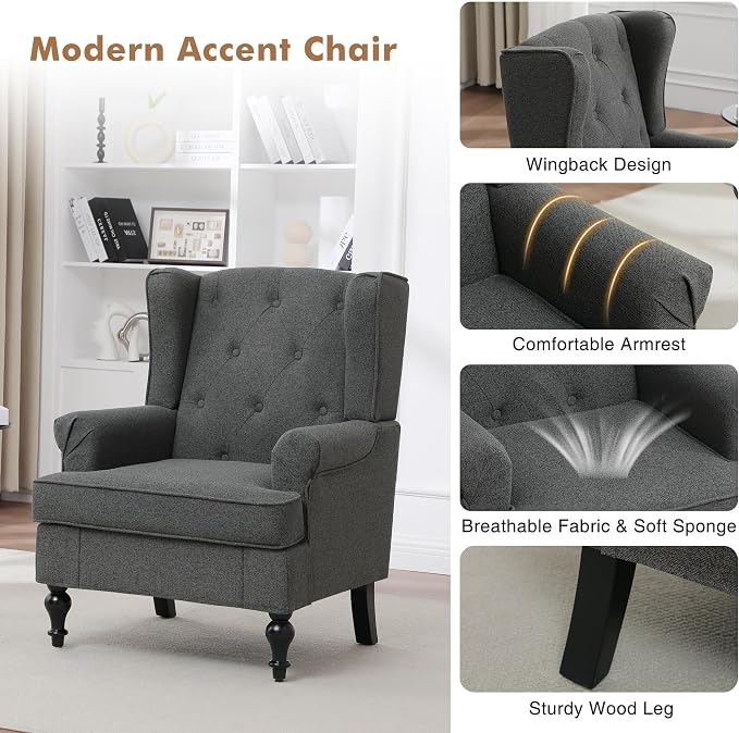Accent Chair Set of 2, Mid Century Modern Fabric Wingback Chair, Upholstered Armchair with High Back and Vintage Legs, Comfy Single Sofa Side Reading Chair for Living Room Bedroom, Dark Grey
