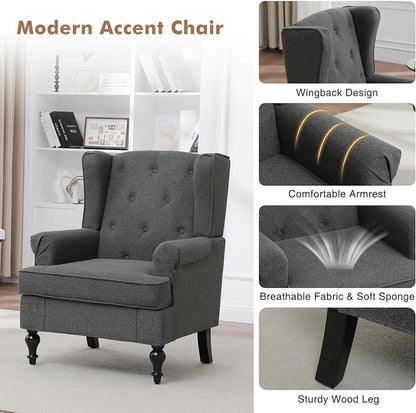 Accent Chair Set of 2, Mid Century Modern Fabric Wingback Chair, Upholstered Armchair with High Back and Vintage Legs, Comfy Single Sofa Side Reading Chair for Living Room Bedroom, Dark Grey
