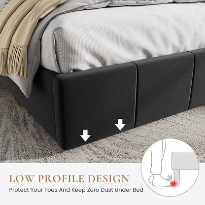 SHA CERLIN Full Size Bed Frame, Velvet Upholstered Platform Bed, Vertical Channel Tufted Adjustable Headboard, Low Profile Bed Frame, No Box Spring Needed, Easy Assembly, Black