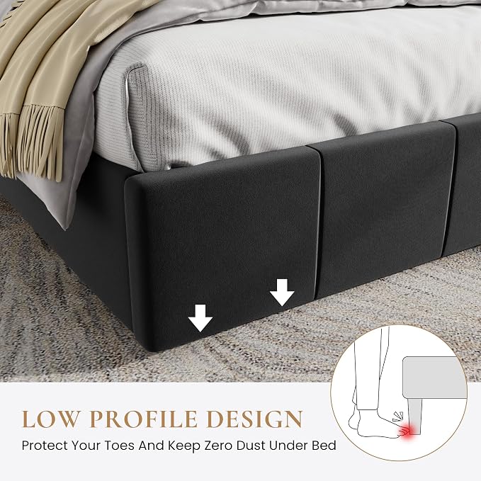 SHA CERLIN Queen Bed Frame, Dutch Velvet Upholstered Platform Bed, Vertical Channel Tufted Adjustable Headboard, Low Profile Bed Frame, No Box Spring Needed, Easy Assembly, Black