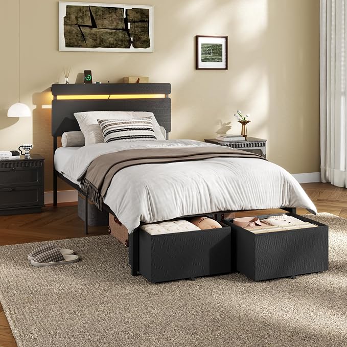 Forestell Twin Bed Frames with Wood Headboard, Black Platform Bed with 2 Storage Drawers & Shelf, Built in Charging Station & LED Lights, Metal Support, No Box Spring Needed, Camas Twin Size