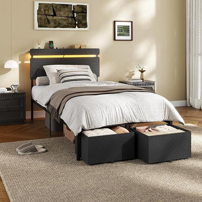 Forestell Twin Bed Frames with Wood Headboard, Black Platform Bed with 2 Storage Drawers & Shelf, Built in Charging Station & LED Lights, Metal Support, No Box Spring Needed, Camas Twin Size