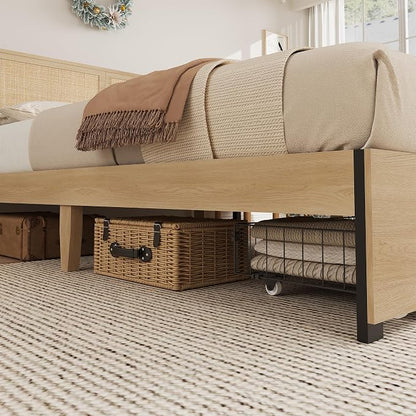 GarveeHome Queen Platform Bed Frame, Queen Size Bed Frame with Natural Rattan Headboard, Cane Bed Frame with 2 Storage Drawers and Strong Wood Slats Support, Noise Free, No Box Spring Needed
