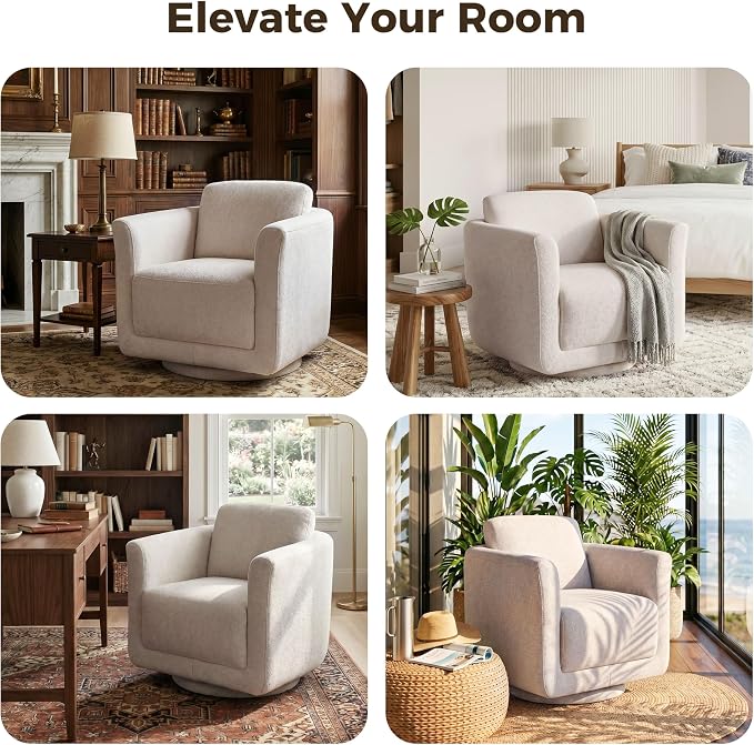 Swivel Accent Chair, 360° Barrel Chair with Solid Wood Frame & Removable Ergonomic Support Back Cushion, Fully Assembled Chenille Armchair for Living Room & Bedroom, Gray