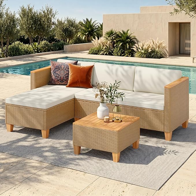 HERA'S HOUSE Small Patio Furniture Set, 3 Pieces Wicker Outdoor Sectional Sets,Yellow Rattan Conversation Set with Sofa and Coffee Table for Garden and Backyard, l Shape Boho Balcony Couch Sets