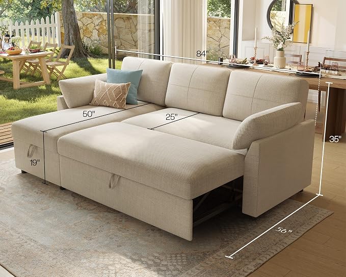 PaPaJet Sofa Bed, Sleeper Sofa with Storage Chaise, L Shaped Sofa with Pull Out Bed, Oversized Sofas for Living Room, Beige