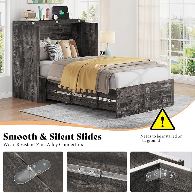 AMERLIFE Twin Murphy Bed Cabinet with Charging Station and Storage Drawer, Farmhouse Foldable Platform Bed for Home Office, Apartment, Small Spaces, Black Oak