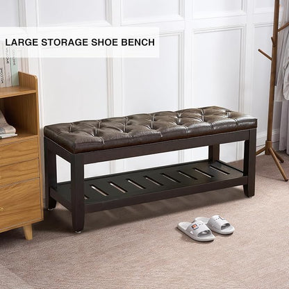 adochr PU Leather Large Rectangular Ottoman with Storage, Upholstered Entryway Bench for Living Room, Oversized Button Tufted Ottoman with Wood Shelf Storage, Dark Brown