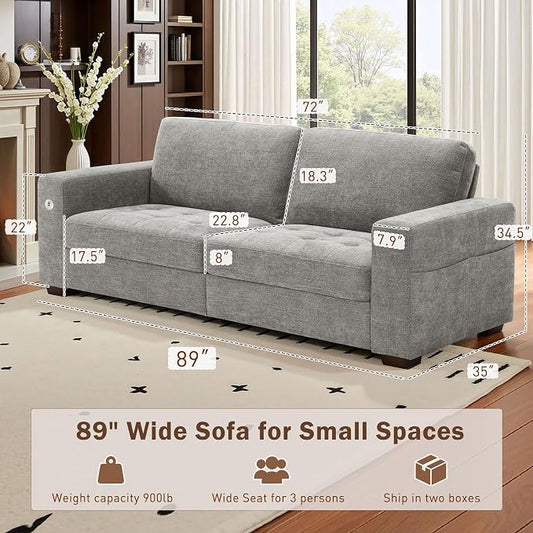 Hanherry Couch for Living Room, Modern Comfy Sofa with Medium Firm Seat Cushion, Removable Cover,Wide Armrest,USB/Type-C Port,Chenille Fabric Couches for Small Space,Apartment (Gray, 89 inch)