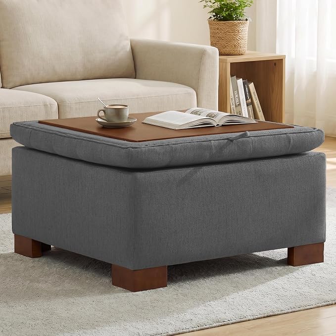 30 Inch Square Storage Ottoman Coffee Table, Modern Tufted Upholstered Ottoman with Flip Tray and Solid Wood Legs, Suitable for Living Rooms, Linen Grey