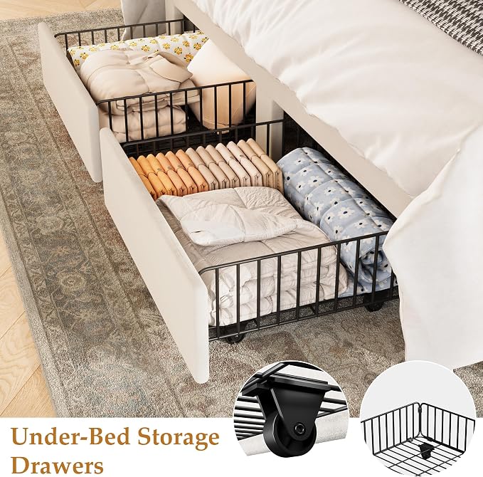 GAOMON Queen Size Upholstered Platform Bed Frame with 2 Under-Bed Storage Drawers, Velvet Wingback Headboard, No Box Spring Needed, Sturdy & Noise-Free, Ivory White