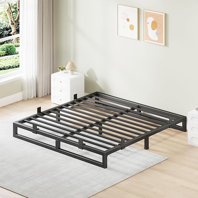 Queen Bed Frame, 6 Inch Metal Platform Bed Frames with Squeak Free U-Slot Design, 6 Non-Slip Guards, 3500lbs Heavy Duty Steel Slat Support, No Box Spring Needed, Under Bed Storage, Black