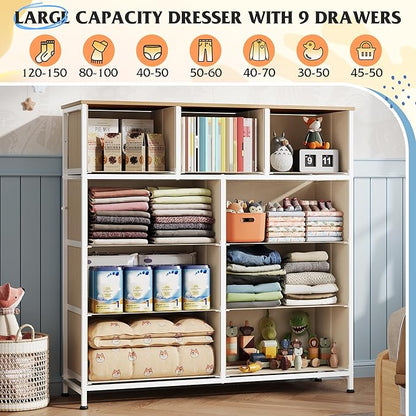 WLIVE 9 Drawer Dresser, Fabric Storage Tower for Bedroom, Hallway, Closet, Tall Chest Organizer Unit for Bedroom with Fabric Bins, Steel Frame, Wood Top, Easy Pull Handle, Cream White