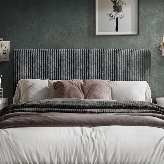 Full Corduroy Velvet Upholstered Adjustable Headboard, Grey