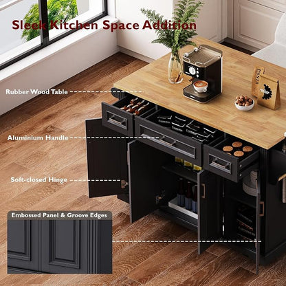 Large Kitchen Island with Rubber Wood Drop Leaf, Rolling Kitchen Cart with Ample Storage on Wheels with Doors and Drawers, Embossed Texture for Dining Room (Black, Silver Handle, 54Inch)
