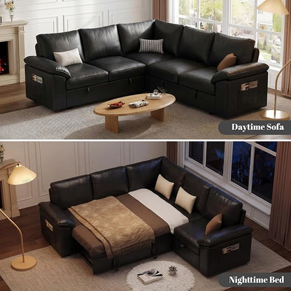 85 Inch Faux Leather Modular Sectional Sofa with Pull Out Bed, L Shaped 5 Seat Sectional Sleeper Sofa with Storage, Sectional Couches for Living Room, Cloud Modular Couch,Black Leather
