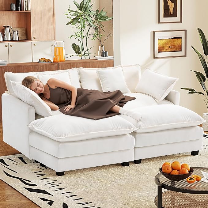 77.6" Modular Sectional Sofa,Loveseat Couch for Living Room, Modern Deep Seat Sofa 2 Seater Chenille Fabric Comfy Cloud Couches with Throw Pillows & Ottoman for Apartment,Small Spaces