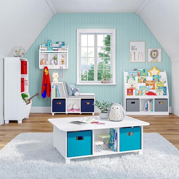 RiverRidge Kids 6 Cubby Storage 2pc Activity Table, White with Turquoise Bins