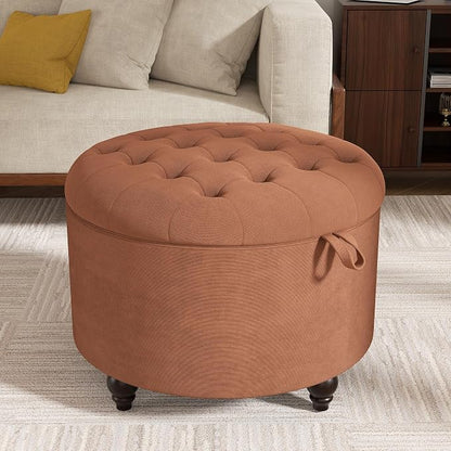 24 Inch Round Storage Ottoman,Modern Tufted Ottomans,Circular Coffee Table with Removable Top,Upholstered Large Ottoman with Storage Footrest Stool for Bedroom Living Room (Orange)