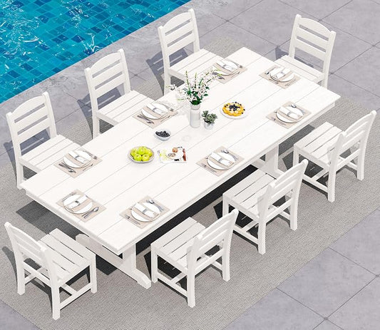SERWALL 9 Piece 84" HDPE Outdoor Dining Set for 8 with Armless Chairs and Umbrelle Hole, White