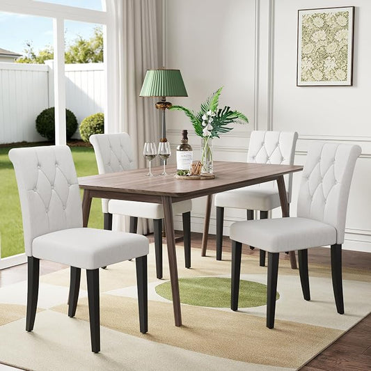 Welzona Upholstered Dining Chairs Set of 4, Button Tufted Parsons Dining Chair with Solid Wood Legs, Modern Fabric Side Chair for Hotel/Dining Room/Kitchen/Restaurant- White