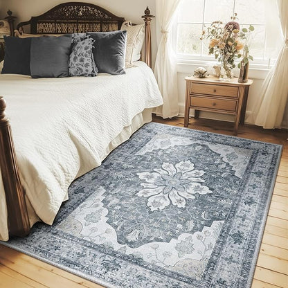 RELEANY Area Rugs 4'x5' Washable Non-Slip, Floral Vintage Distress Medallion Carpet for Living Room Bedroom Dining Room, Light Gray Grey White