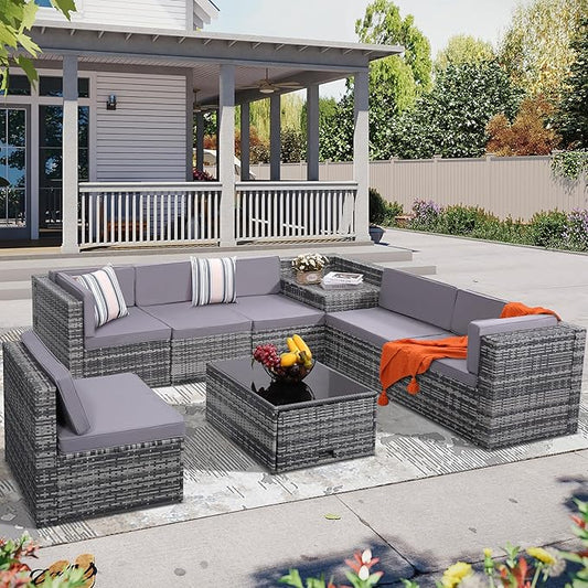 KROFEM 8-Piece Patio Furniture Set, Outdoor Wicker Rattan Sectional with Thick Cushions, Glass Top Table with Hidden Storage, Outdoor Conversation Set for Backyard, Porch, Patio, Grey