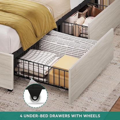 YITAHOME King Size Bed Frame with 51" Tall Bookcase Headboard and 4 Storage Drawers, RGB LED Bed Frame with Type-C&USB Charging Station Storage Bed, No Box Spring Needed, Noise Free, Antique White