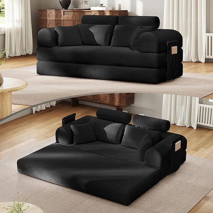 Upgrade High Backrest Design Sofa Bed with Fixed-Shape Frame & Removable Armrests and Backrest, Corduroy Fabric, Convertible Mattress Couch for Small Spaces - No Assembly Needed (Black)