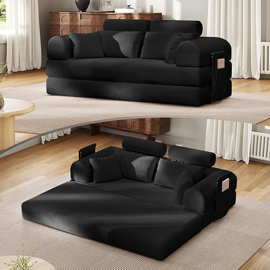 Upgrade High Backrest Design Sofa Bed with Fixed-Shape Frame & Removable Armrests and Backrest, Corduroy Fabric, Convertible Mattress Couch for Small Spaces - No Assembly Needed (Black)
