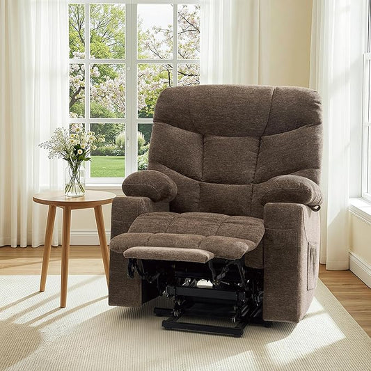 MCombo Oversized Power Lift Recliner Chair with Extended Footrest, Extra Wide for Big and Tall Elderly People, Fabric R7399 (Brown, Large-Wide)