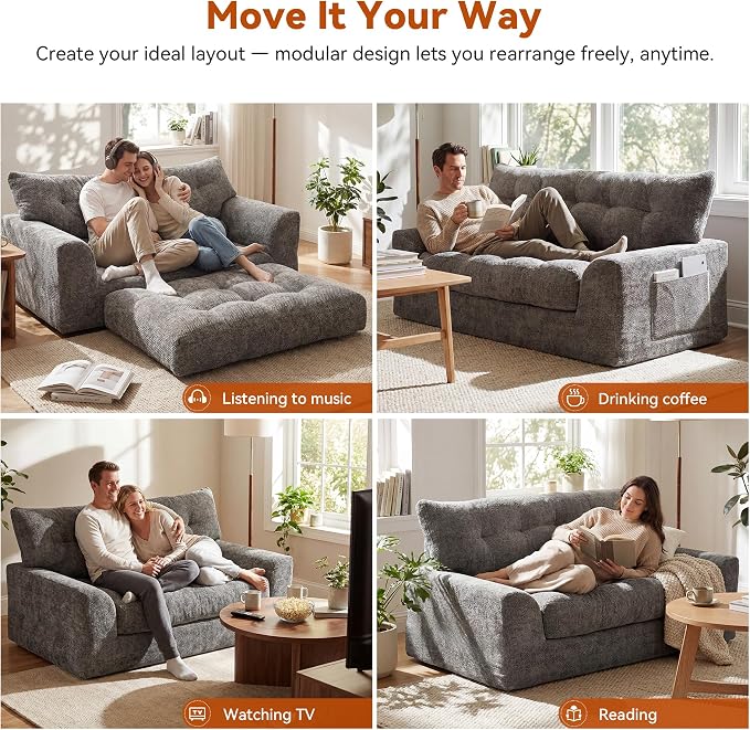 MONVANE 55.5" Convertible Loveseat Sofa, Comfy Chenille Cloud Couch with Storage Pocket, Modern Deep Seat Boneless Couch, 2 Seater Sofa for Living Room, No Assembly Required, Grey