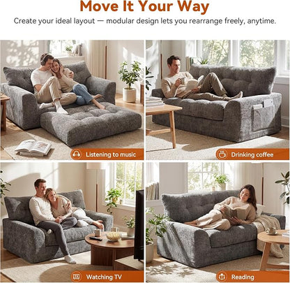 MONVANE 55.5" Convertible Loveseat Sofa, Comfy Chenille Cloud Couch with Storage Pocket, Modern Deep Seat Boneless Couch, 2 Seater Sofa for Living Room, No Assembly Required, Grey