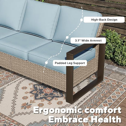 Joyside Outdoor Patio Wicker Sofa, 3-Seater Rattan Sofa with Thick Olefin Cushions and Metal Steel Rectangular Framed Armrest -Looking Metal Armrest Suitable for Garden, Backyard, Porch, Deck