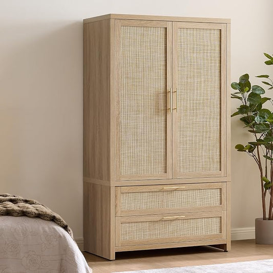 SICOTAS Rattan Armoire Wardrobe Closet Cabinet, 71" Wardrobe Storage Cabinet with 2 Drawers, and Hanging Rod, Boho Large-Capacity Deep Armoire Clothes Organizer for Bedroom, Cloak Room, Light Oak